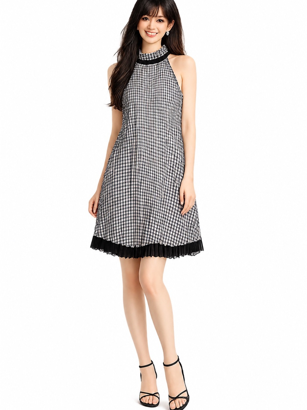NWOT White House Black Market Pleated Black & White Gingham Halter Dress Sz 4